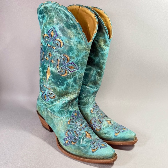 CORRAL Turquoise Fleur-de-lis Leather Cutout Design Western Boots - Picture 5 of 16